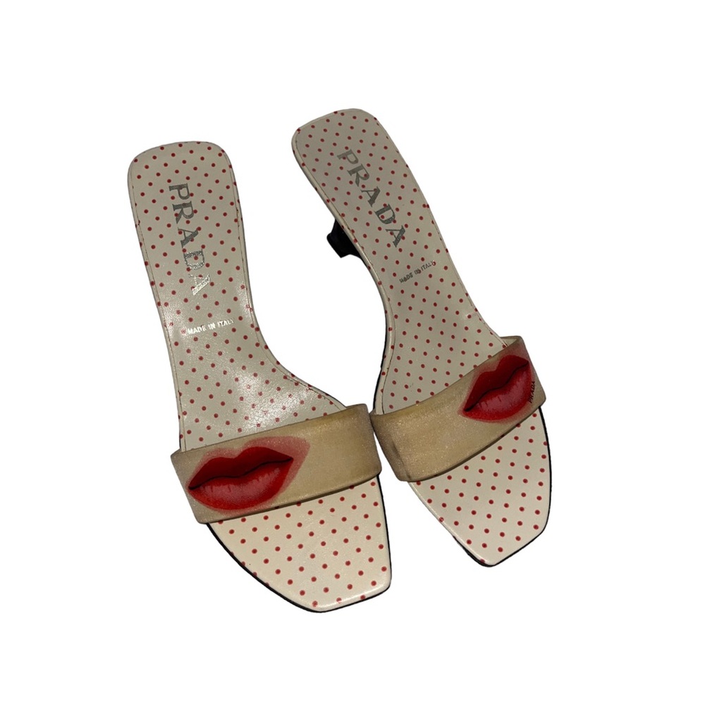 Prada lip kiss print polka dot mule heels